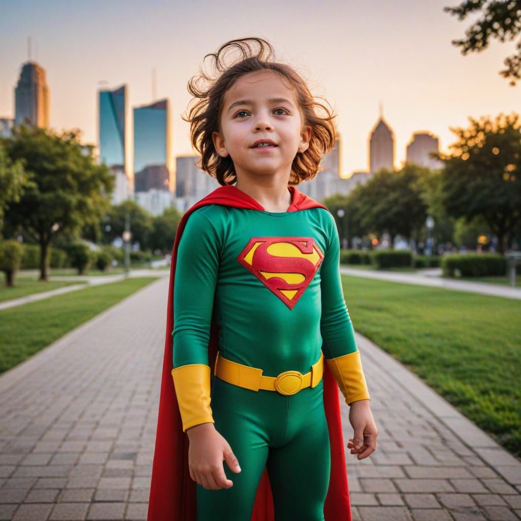 Child Superhero in Vibrant Cityscape