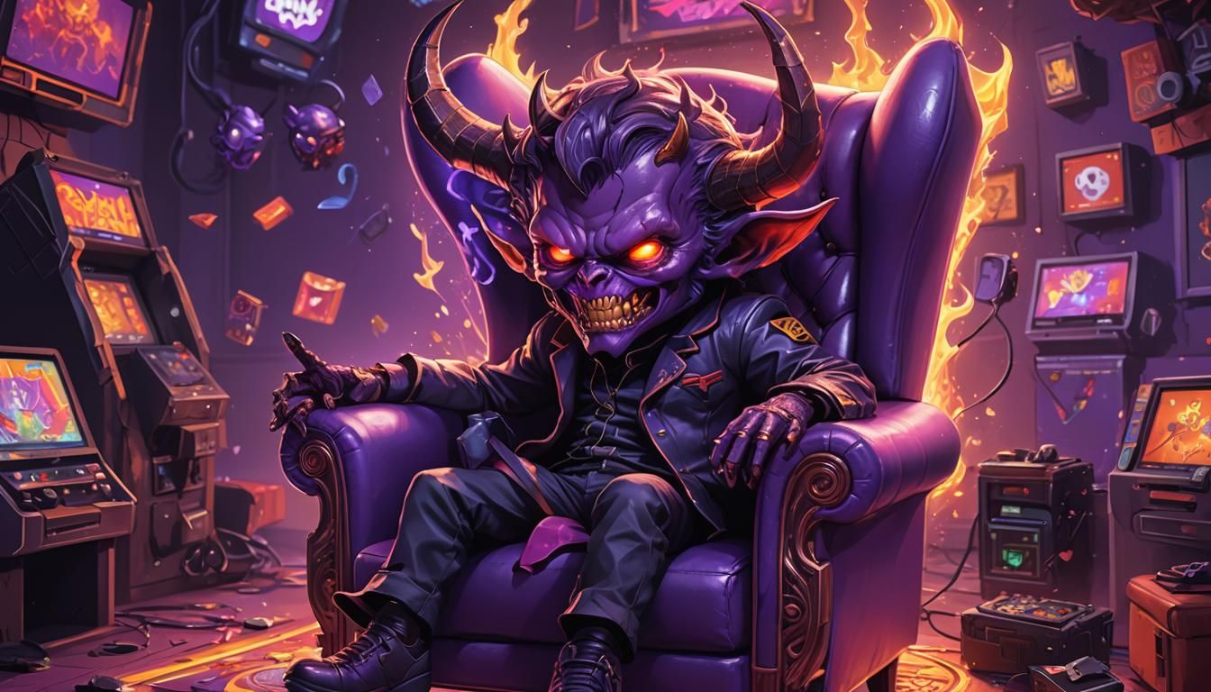 Fierce Chibi Demon Playing Video Game in Neon Arcade