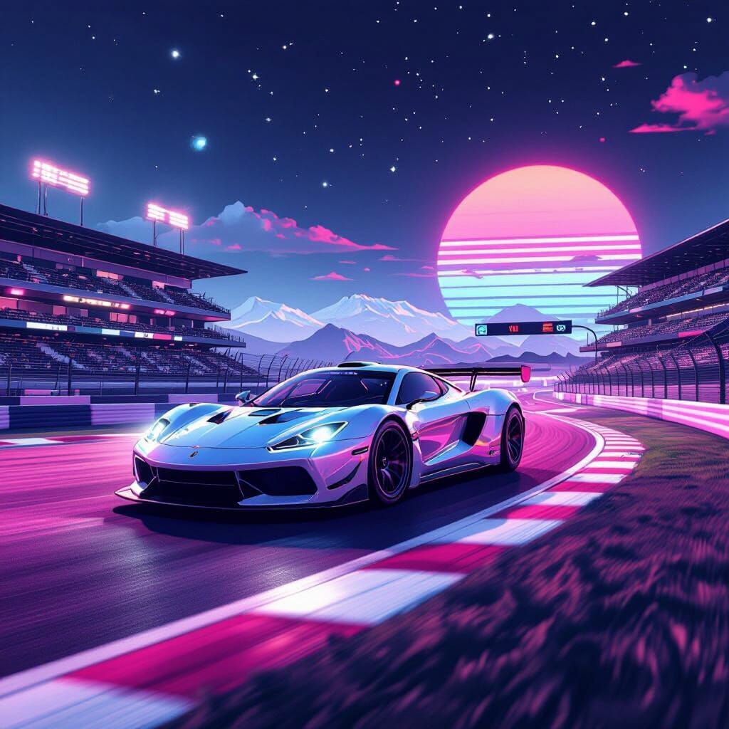 Vaporwave Aesthetic Race Track with Neon Grids