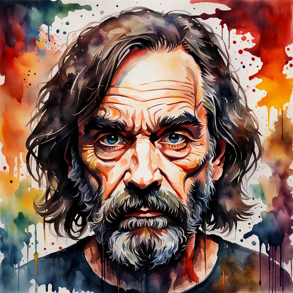 Grotesque Watercolor Portrait of Charles Manson