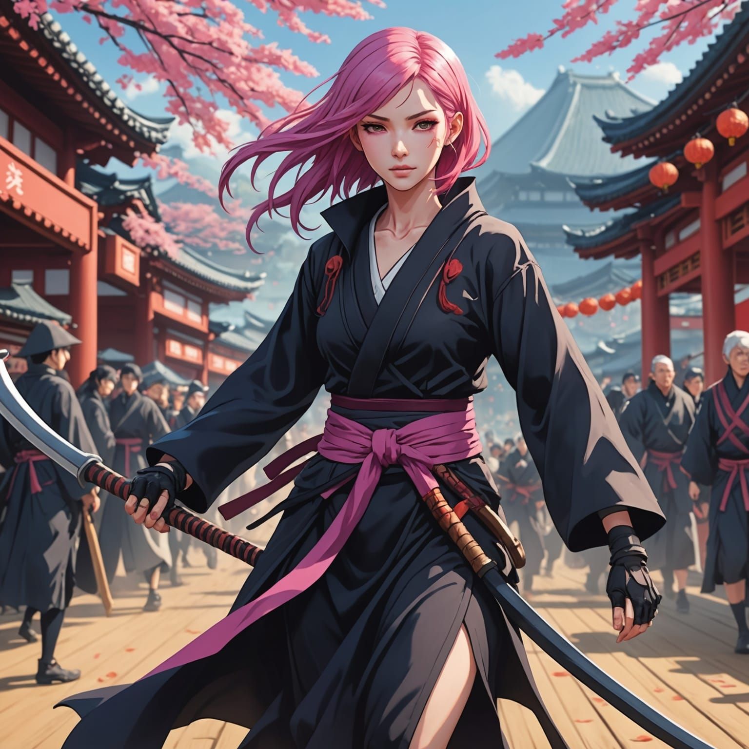 Pink Haired Reaper at Japanese Festival, Anime Style