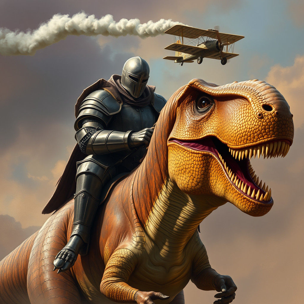 Knight on T-Rex with Biplane in Hyper-Realistic Style