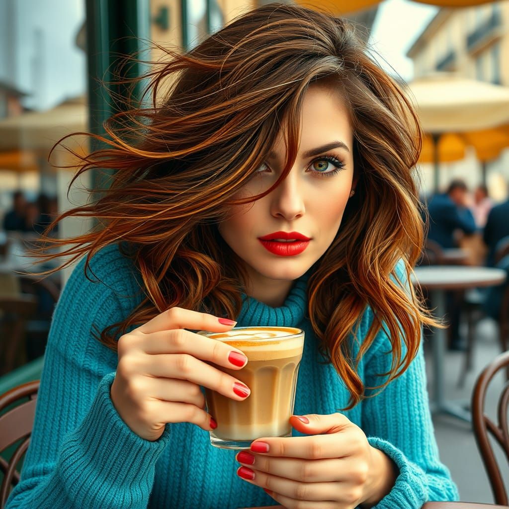 Woman Enjoying Latte in Art Nouveau Style