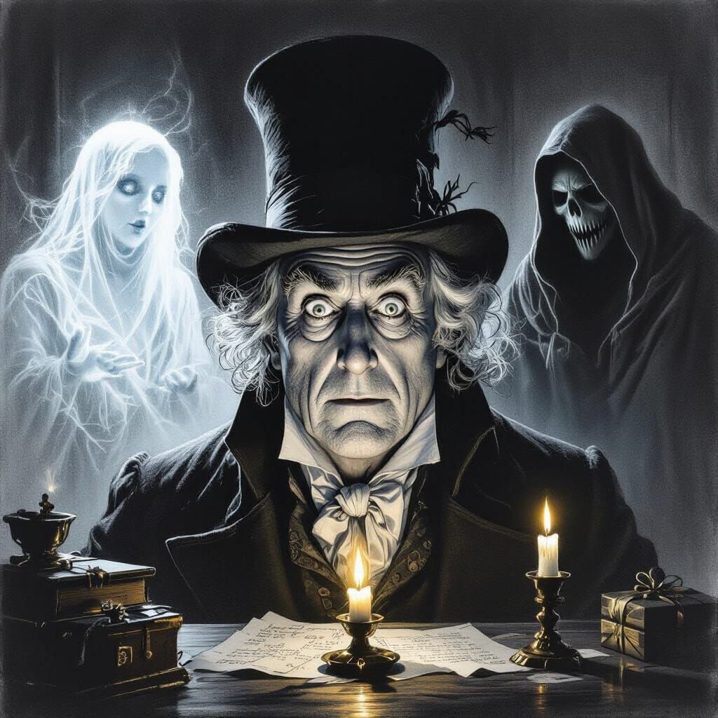 Scrooge Confronts Ghosts of Christmas Past, Present, and Fut...
