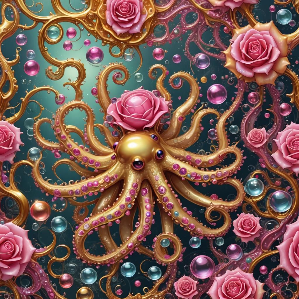Iridescent Octopus with Rose Bubbles in Candy Art Style