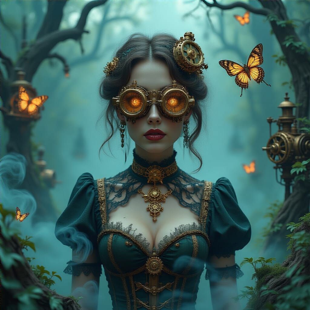 Steampunk Woman in Twilight Mechanical Forest