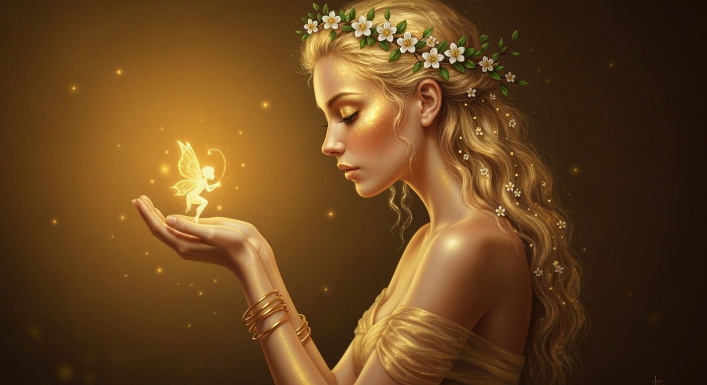 Ethereal Woman with Fairy in Golden Light