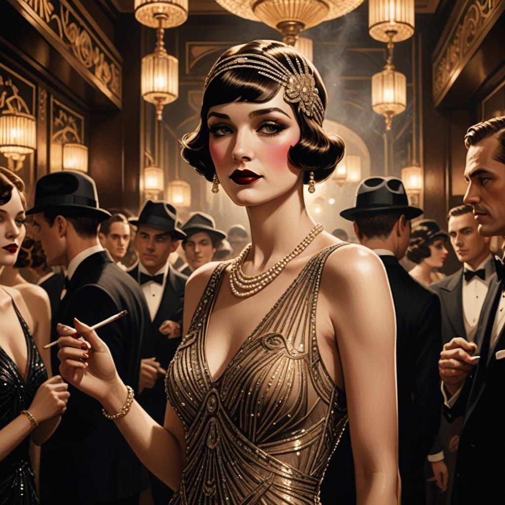 Glamorous Flapper Girl Shines in Art Deco Speakeasy