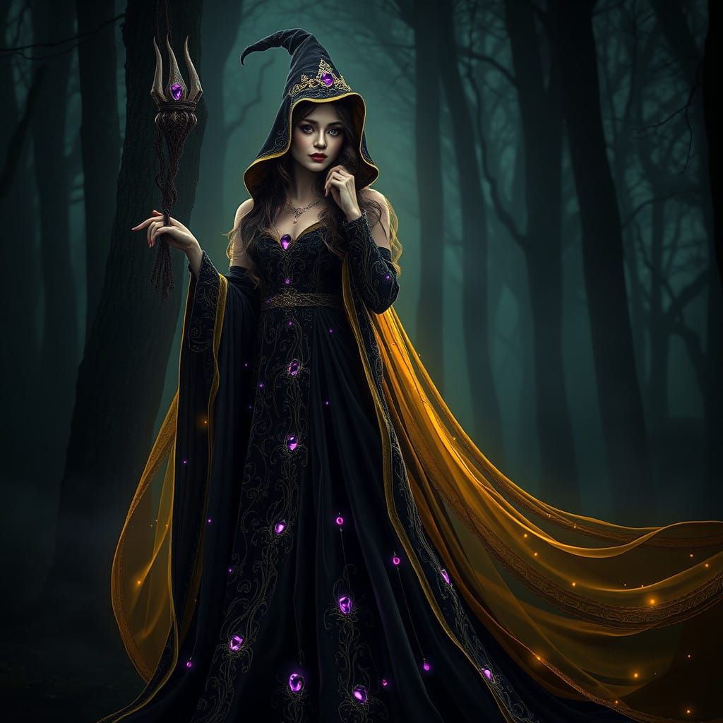 Luxurious Dark Fantasy Witch in a Mystical Forest