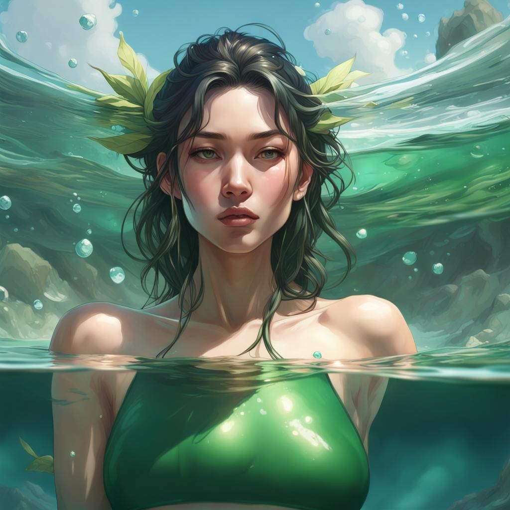 Chinese Woman in Green Bikini, Hyperdetailed Portrait