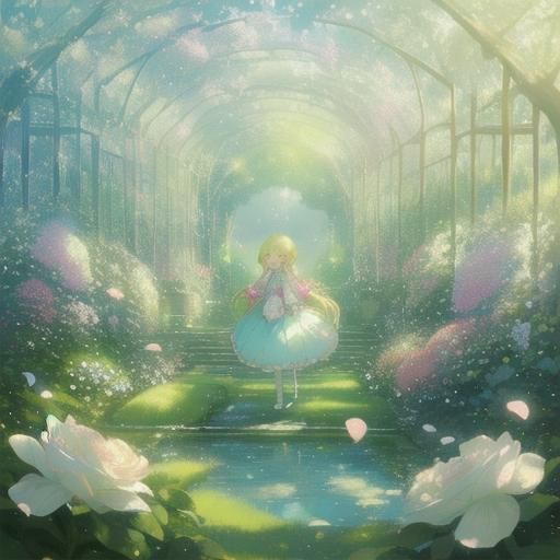 Magical Girl in Whimsical Garden, Ghibli-Inspired Art