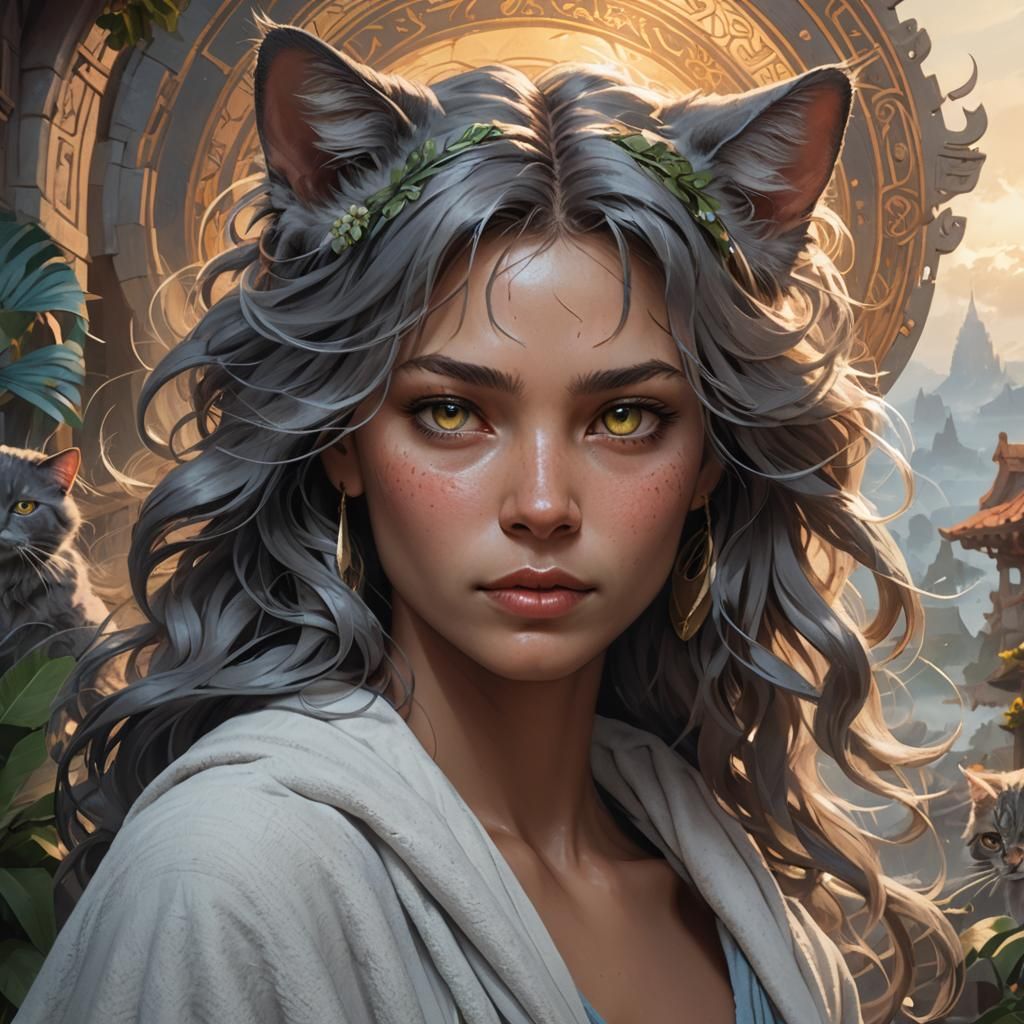 Island Portrait with Nebelung Cats in Digital Art Style