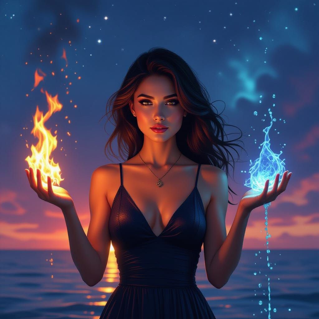 Woman Holds Fire & Water, Cosmic Sky Portrait