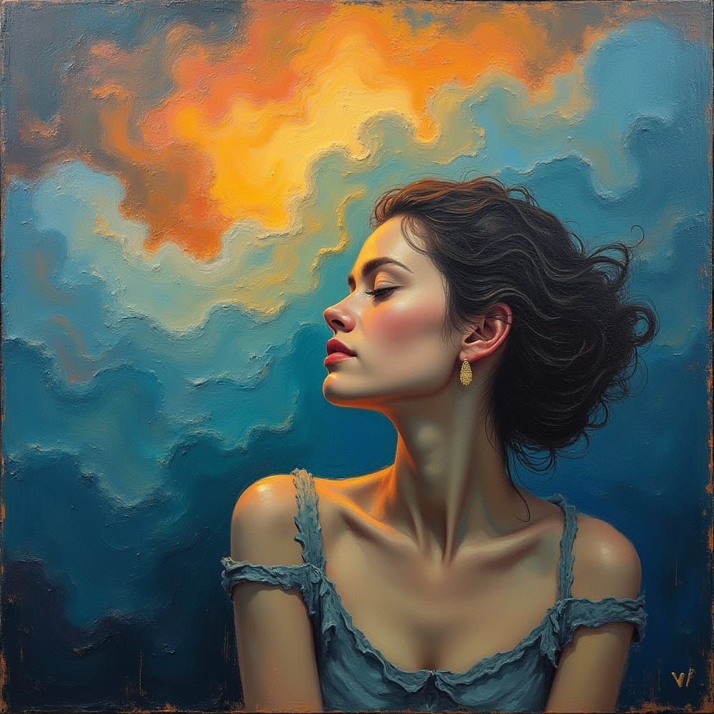 Contemplative Woman in Swirling Clouds: Neo-Impressionist Pa...