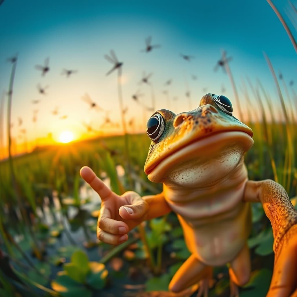 Surprised Frog Photobomb in Lush Swamp Sunset