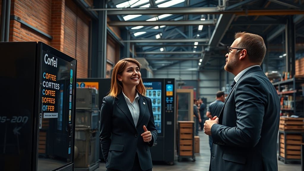 Saleswoman and Factory Owner Discuss Coffee Machine Benefits