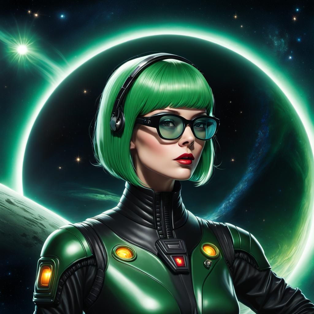 Female Space Geek in Retrofuturist Sci-Fi Illustration