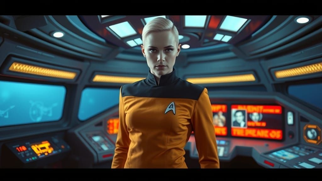 Star Trek Science Officer on Spaceship Bridge