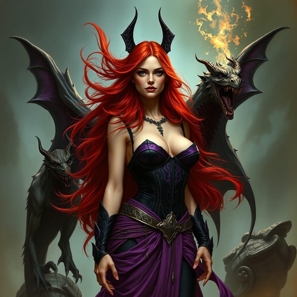 Dark Fantasy Enchantress in Majestic Bustier, Guarded by Gar...