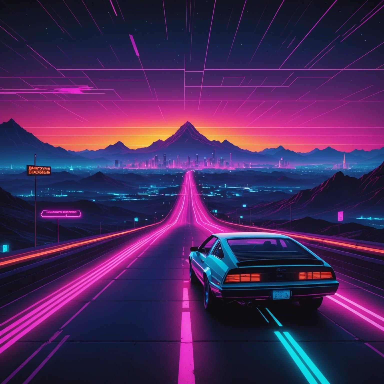 Synthwave Landscape Beyond Time in Neon Retro Style