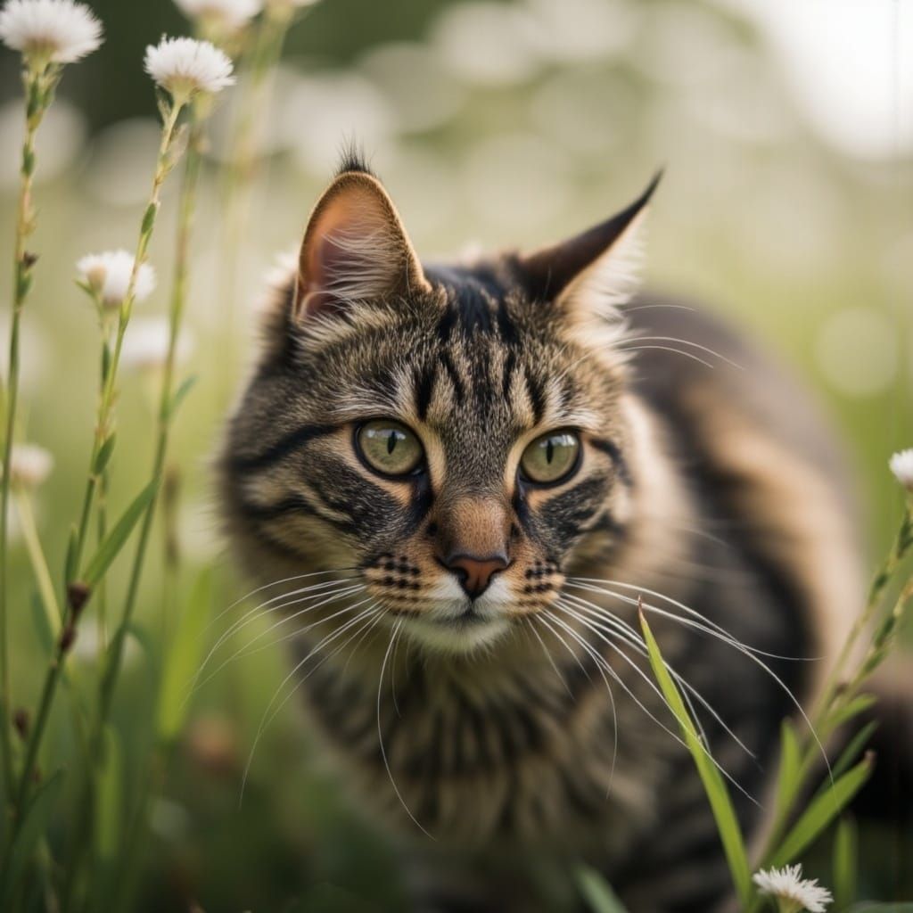 Surrealistic Portrait of a Dark Brown Tabby Cat in a Meadow