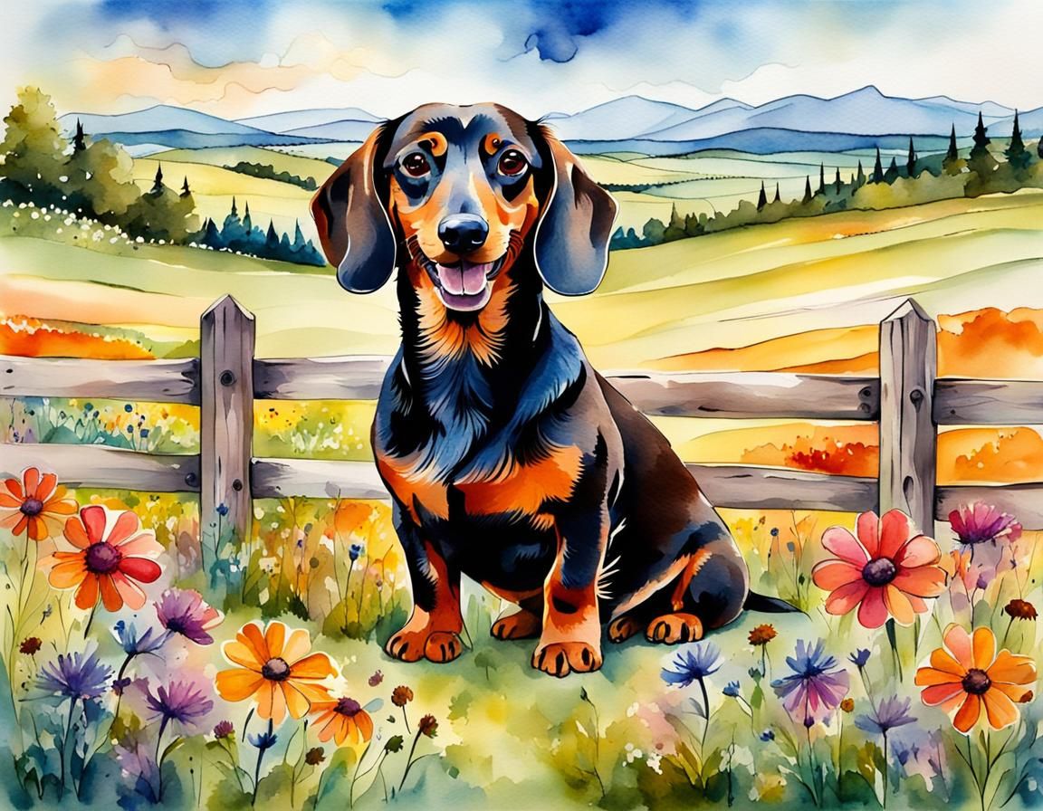 Happy Dachshund in Wildflower Meadow, Watercolor Style