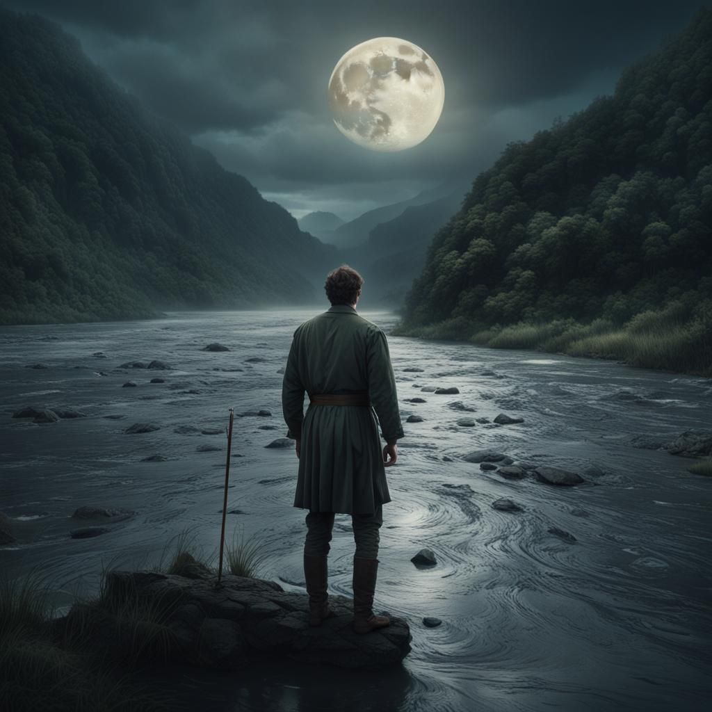 Man in River Under Moon: Digital Matte Painting