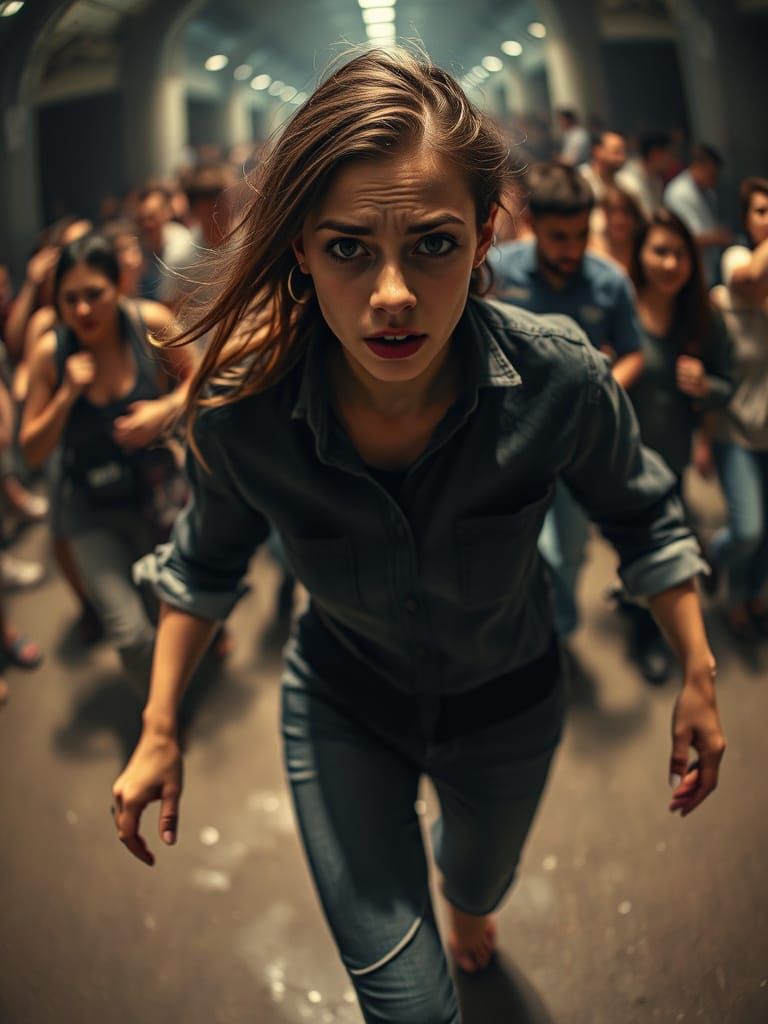 Distressed Woman Running From Crowd: Emotional Digital Art