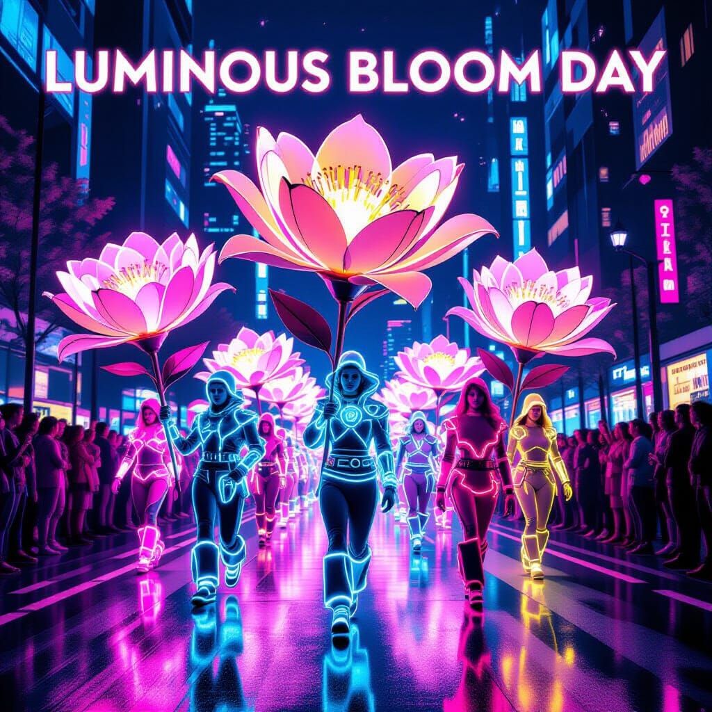 Vibrant Futuristic Parade for Luminous Bloom Day in Comic St...