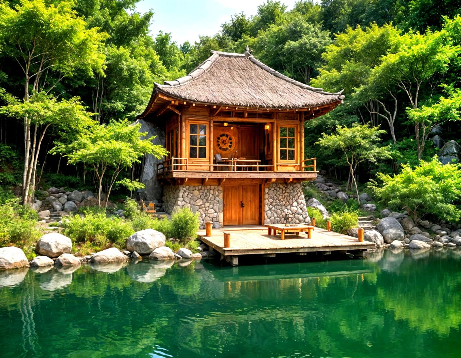 Floating Bamboo Martial Arts Studio on Serene Lake