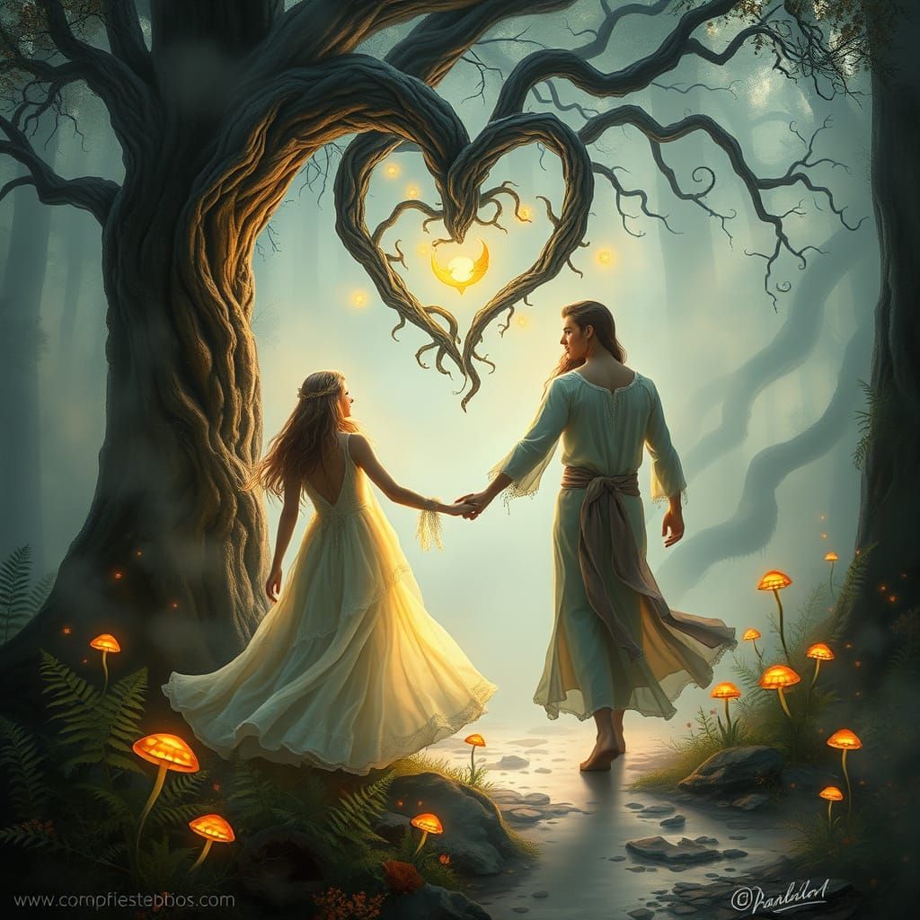 Whimsical Forest Couple Surrounded by Ethereal Mist in Mysti...