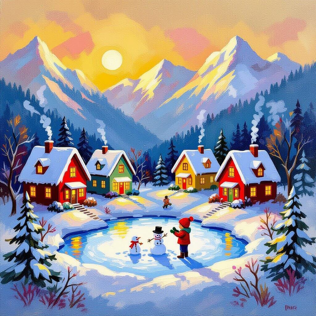 Whimsical Christmas Village in Golden Hour Gouache Style