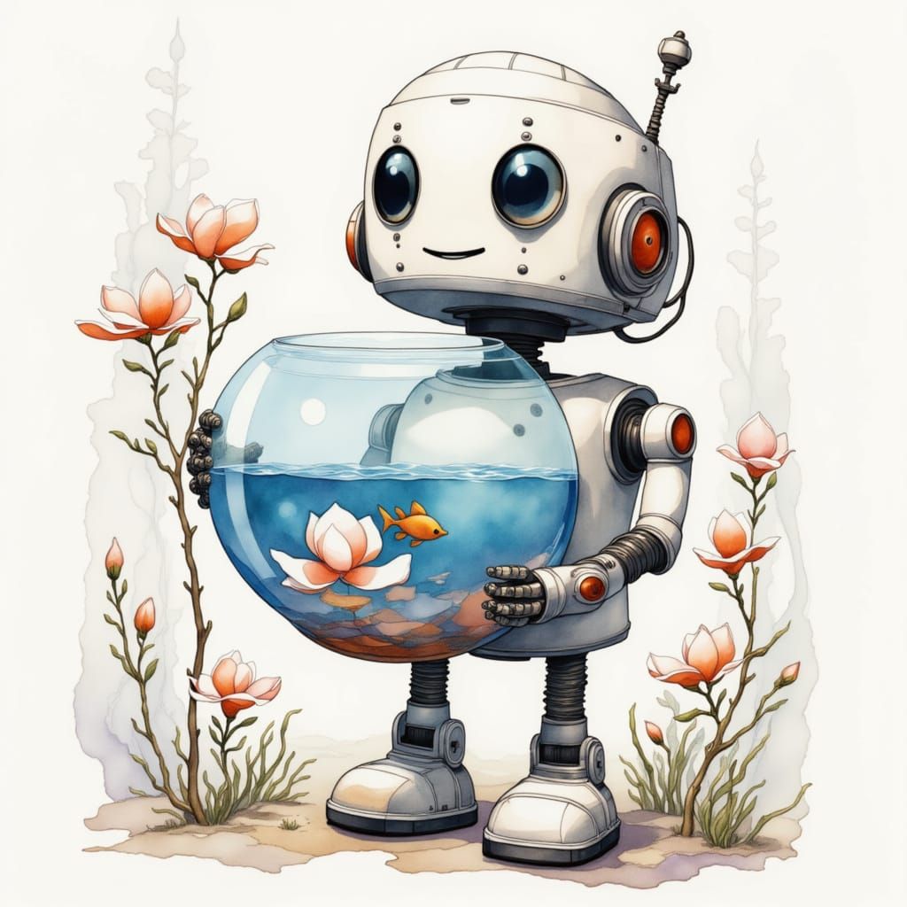 Cute Robot Holding a Fishbowl in Pale Watercolor Style