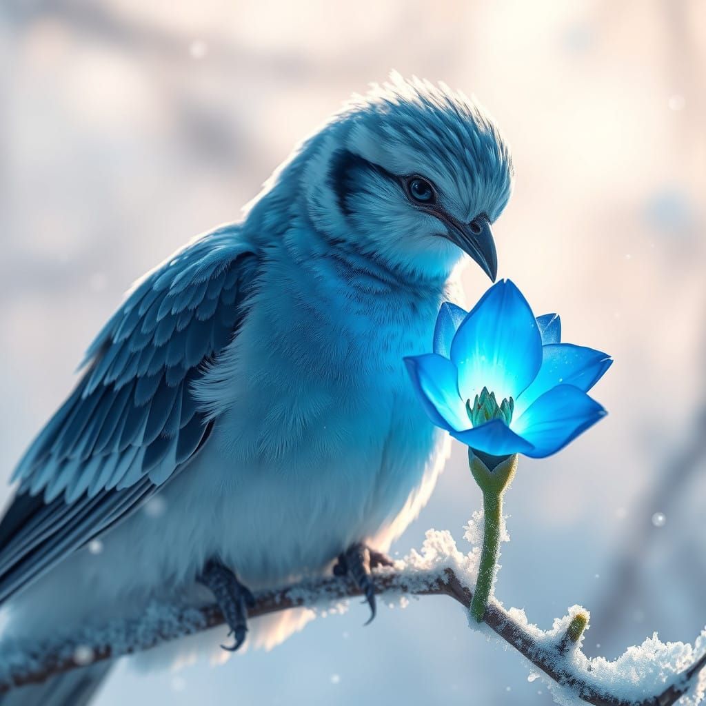 Majestic Winter Kingbird Drinks from Glowing Blue Flower