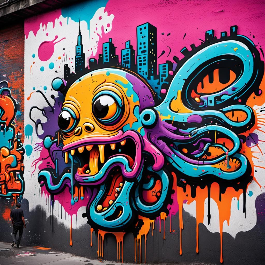 Vibrant Graffiti Creature on City Wall in Basquiat Style