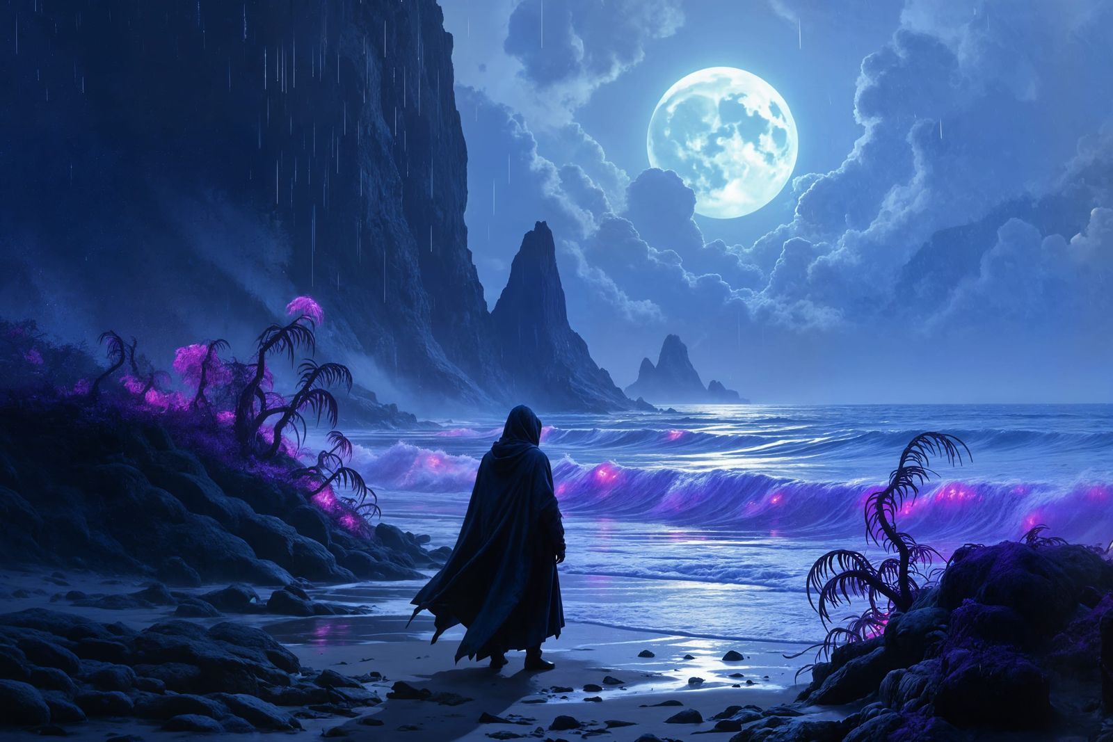 Rain-swept Alien Shores with Purple Ocean