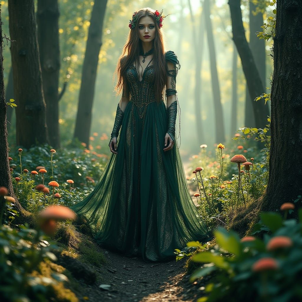 Majestic Druidess Portrait in Ancient Forest, Fantasy Art