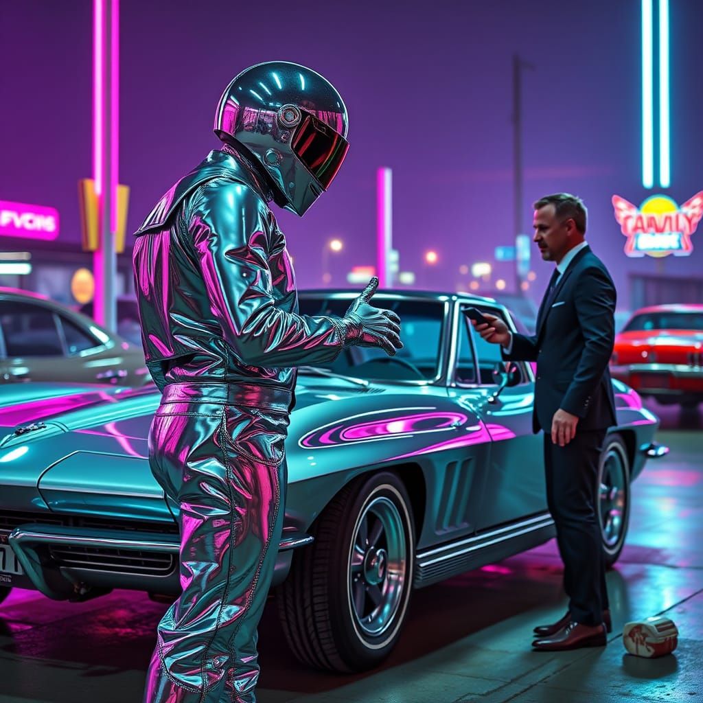 Chrome Outfit Man Buys Stingray: Cyberpunk Aesthetic