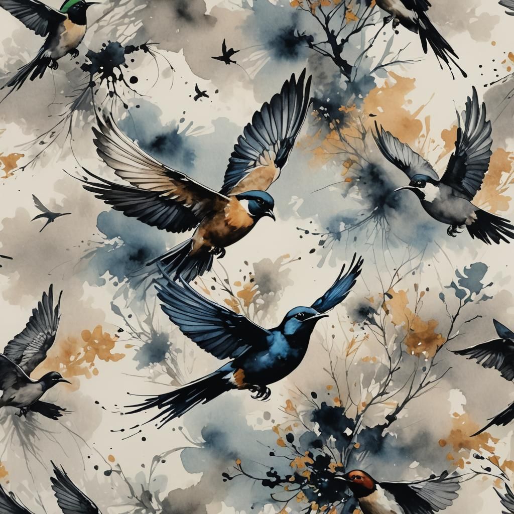 Whimsical Ink Painting of Birds in Flight