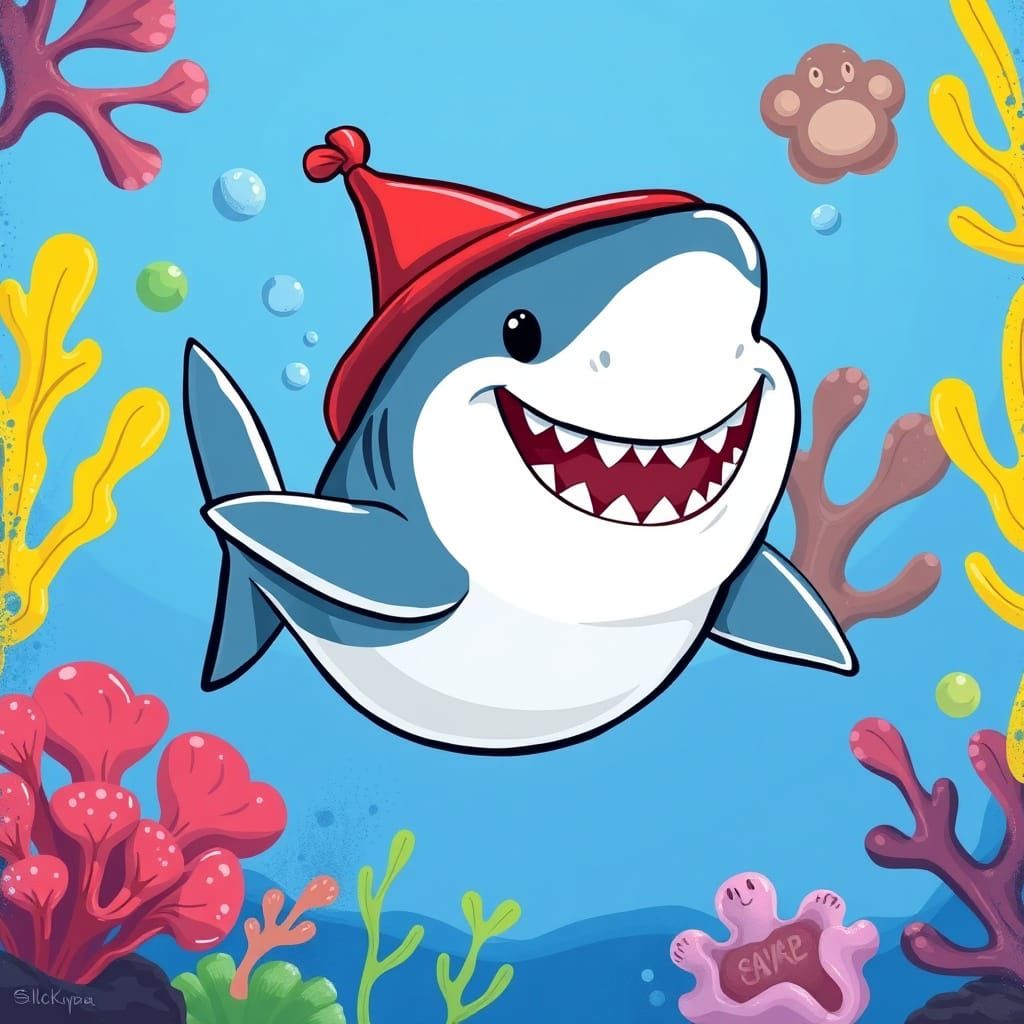 Cheerful Baby Shark in a Vibrant Cartoon Ocean