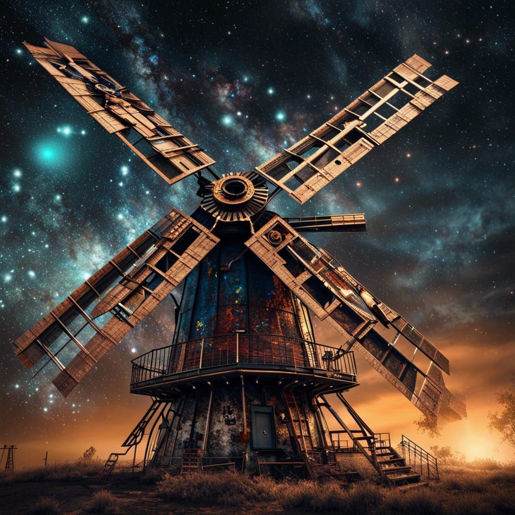 Steampunk Windmill Soaring Through the Universe