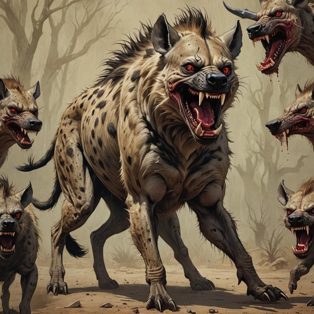 A grotesque creature that is a terrifying hybrid of a hyena and a warthog. The creature is standing tall, with the teeth...