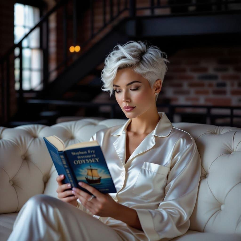 Woman Reading Stephen Fry's Odyssey on Leather Sofa