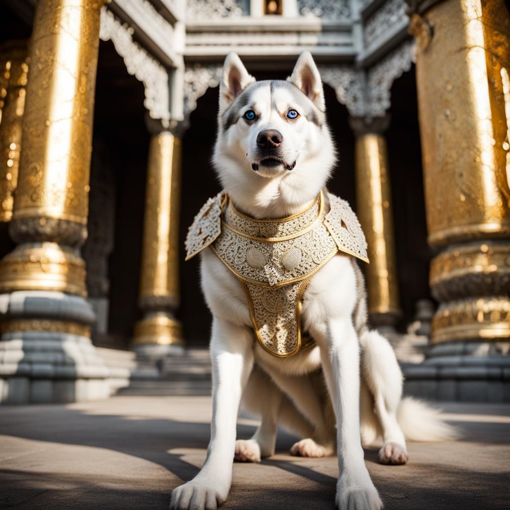 Siberian Husky in Lace Armor, Low Angle View