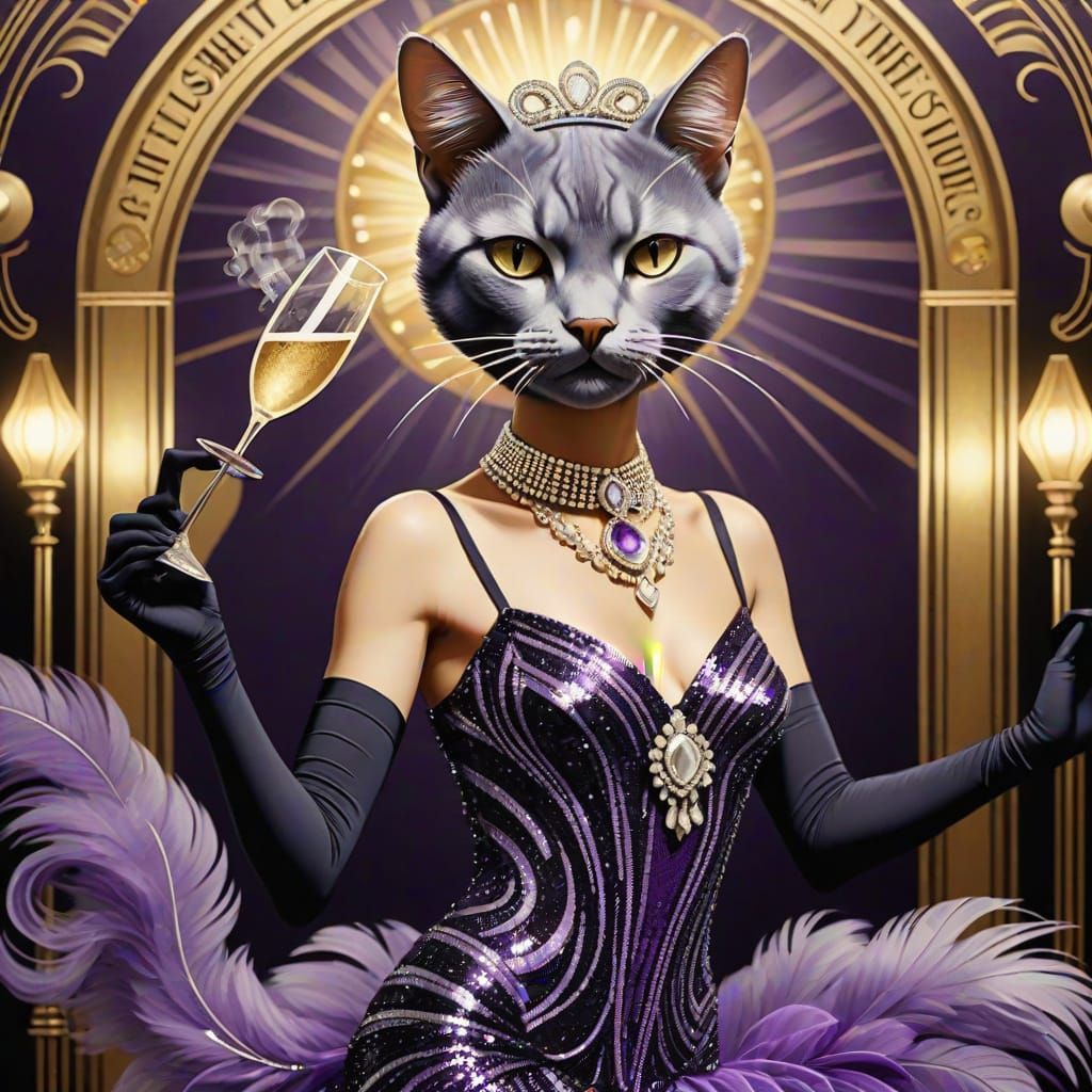 Art Deco Cat Dancing Charleston in Speakeasy