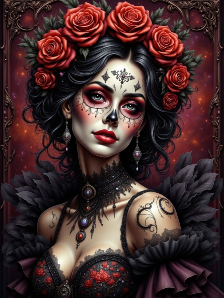Gothic Catrina Sugar Skull Portrait with Roses