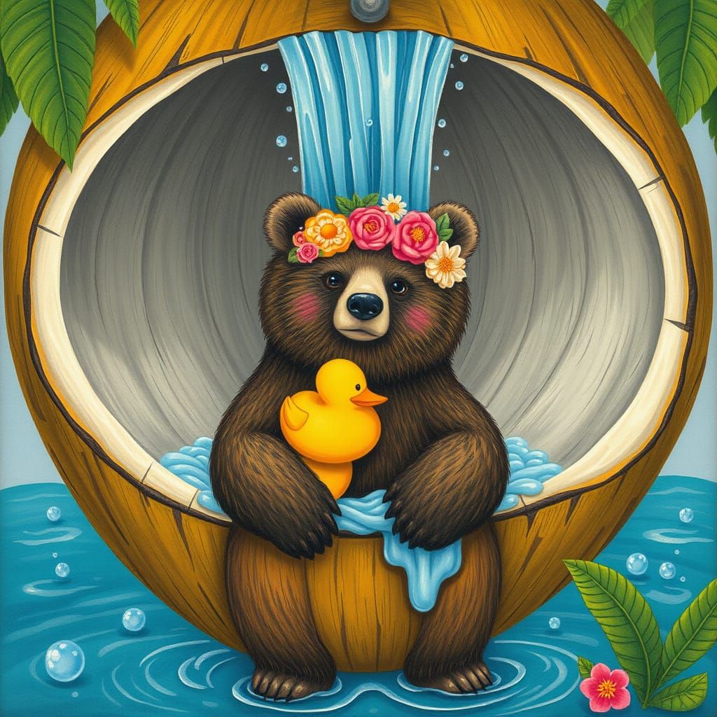 Folk Art Bear Enjoys Waterfall in Giant Coconut