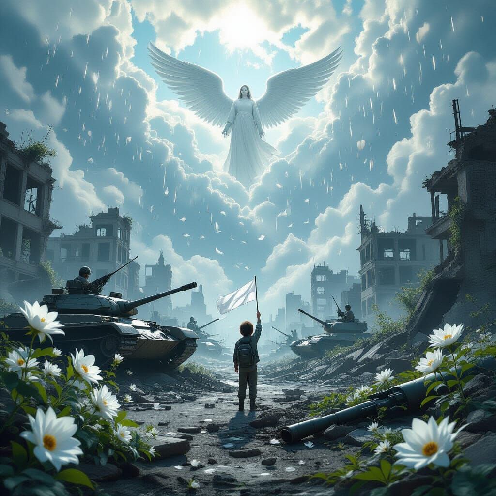 War-Torn City Reclaimed by Nature with Angelic Clouds