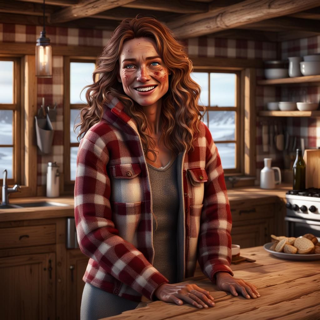 Hyperrealistic Surfer Girl in Ski Lodge Kitchen