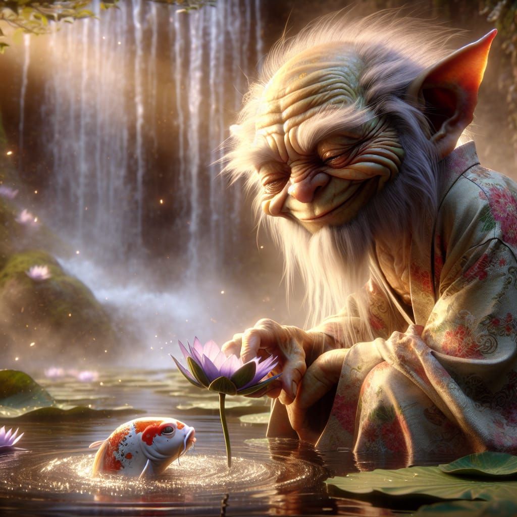 Gremlin and Koi in Ukiyo-e Style